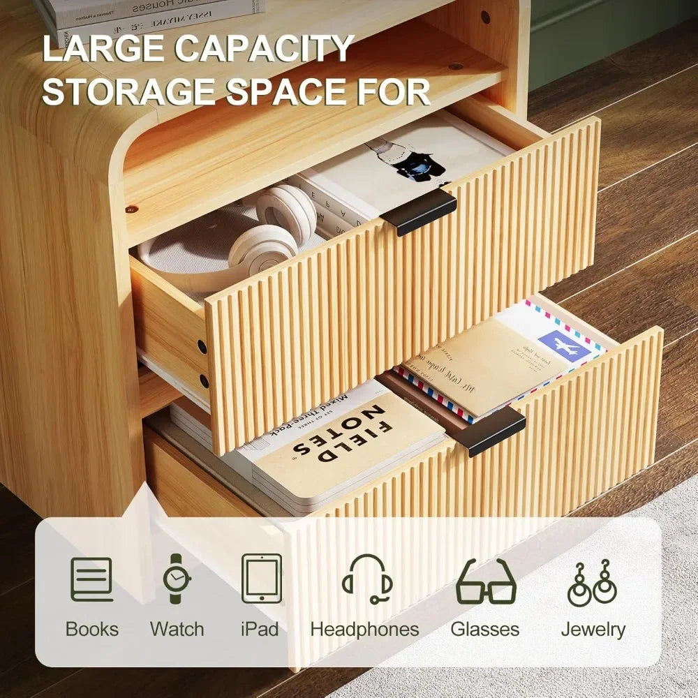 24 Inch Fluted Nightstand with Charging Station and 2 Drawers Storage
