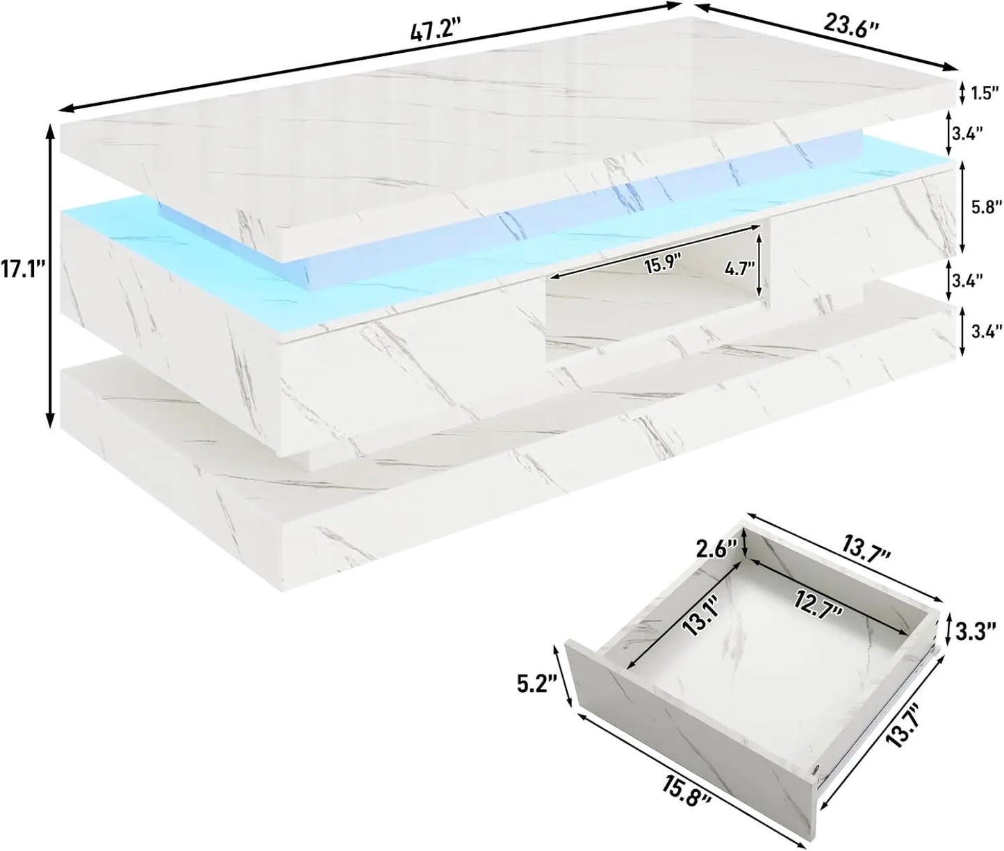47.2 Inch Modern High Gloss LED Coffee Table with 2 Drawers and Lights