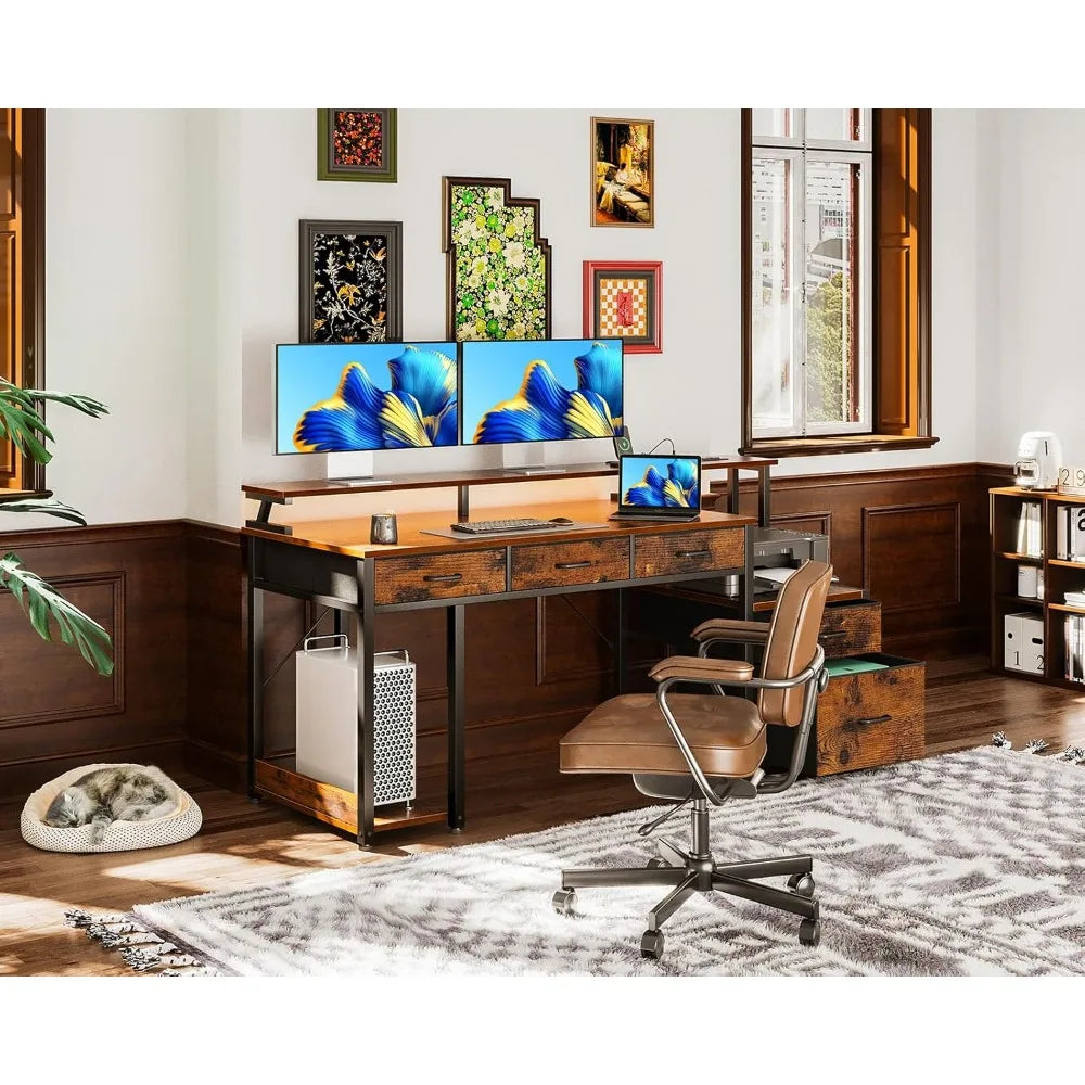55 Inch Computer Desk with Drawers LED Lights Monitor Stand Storage