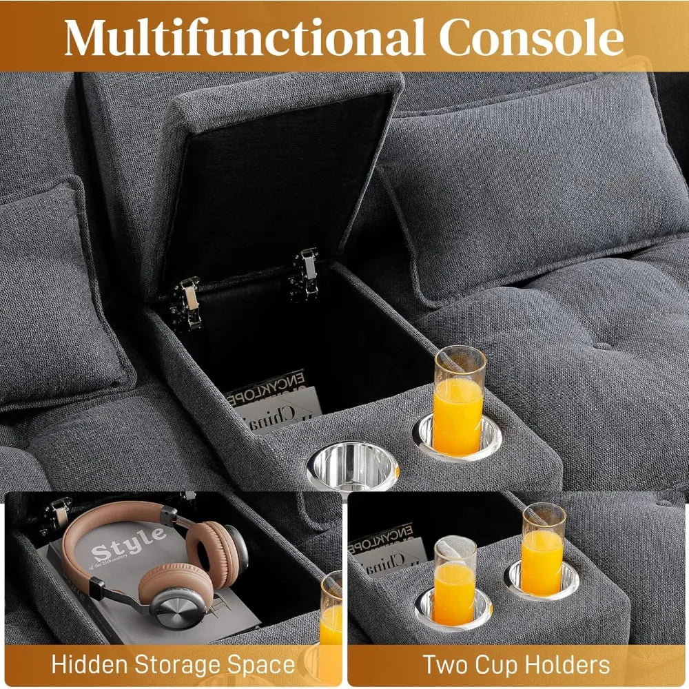 130” U Shaped Cloud Sectional Sofa with Storage & Cup Holders | Fjellheim