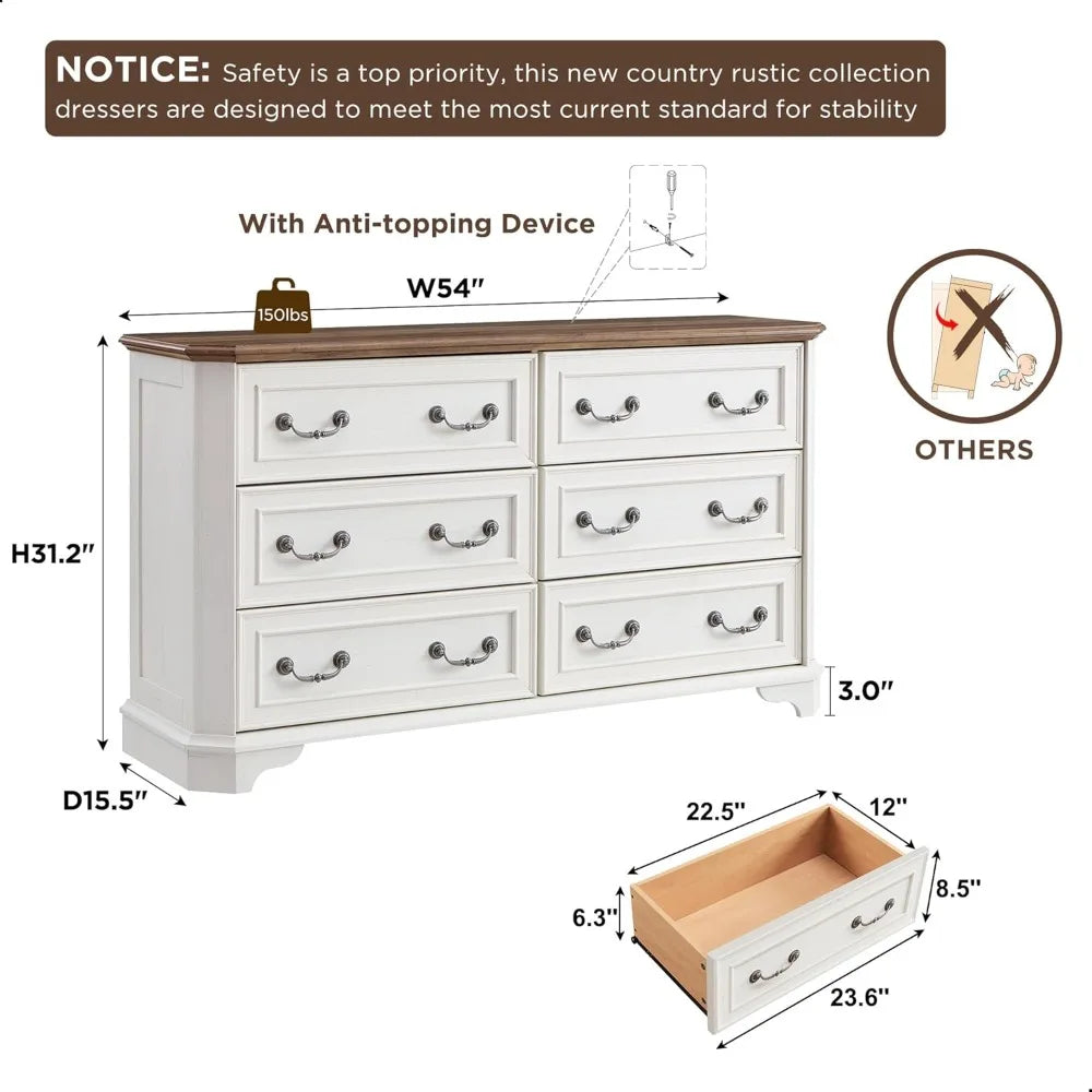 Farmhouse 6 Drawer Dresser Rustic Chest Storage Organizer for Bedroom