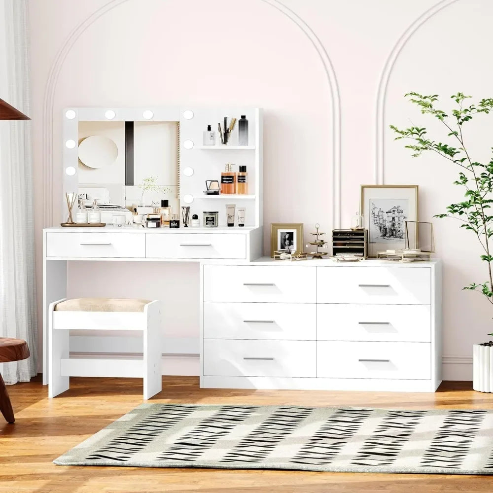 Ljustra 65 Inch Vanity Desk Lighted Mirror 8 Drawers Makeup Table
