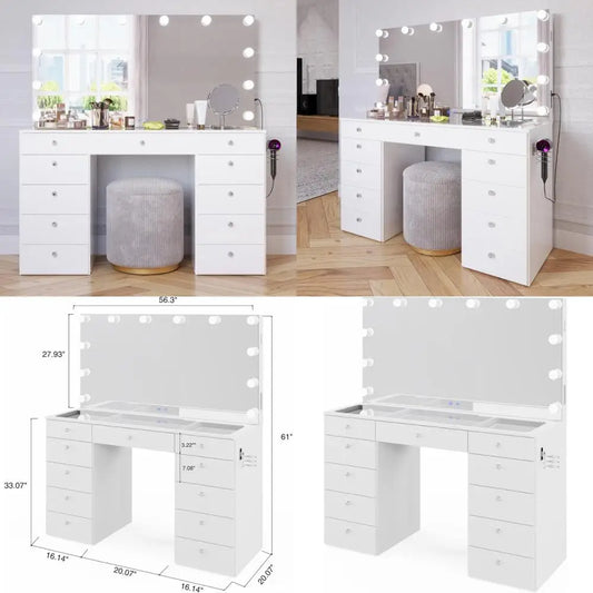 elle white makeup vanity desk with bluetooth speaker and hollywood lights