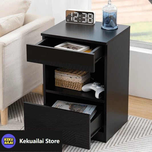 Modern Nightstand 2 Drawer Open Shelf Bedside Table High Gloss Storage