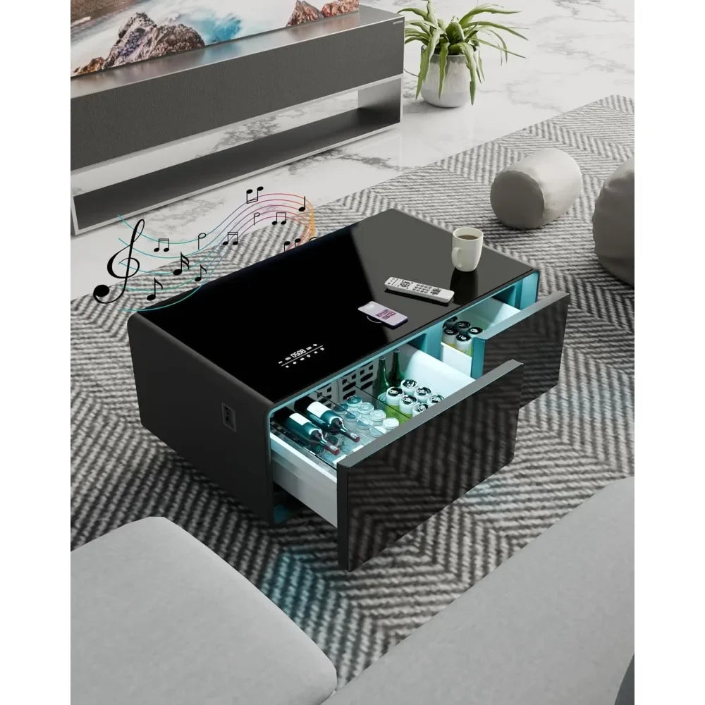 Smart Coffee Table with Built-in Fridge Speakers Wireless Charging USB Ports
