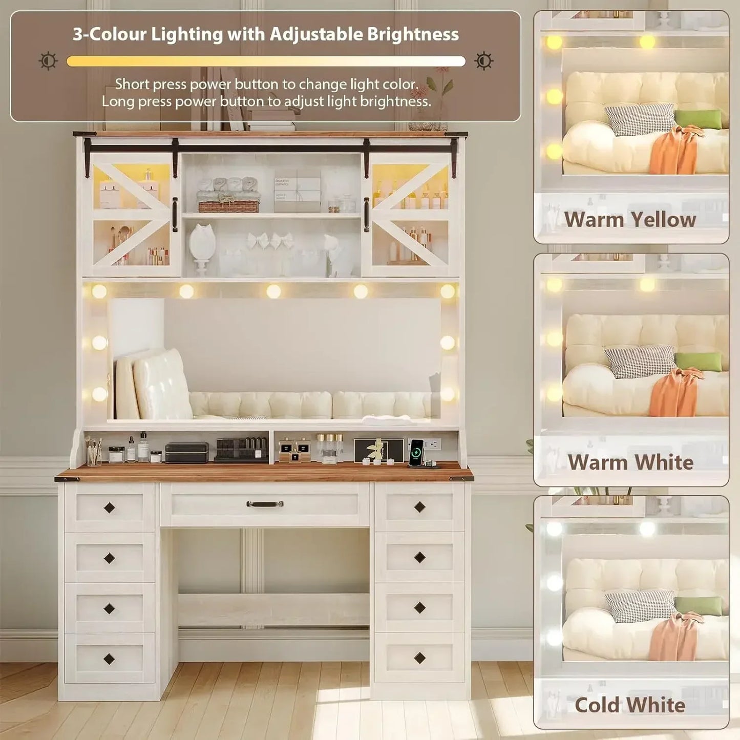 Farmhouse Makeup Vanity Desk with Mirror and RGB Lights 9 Drawer