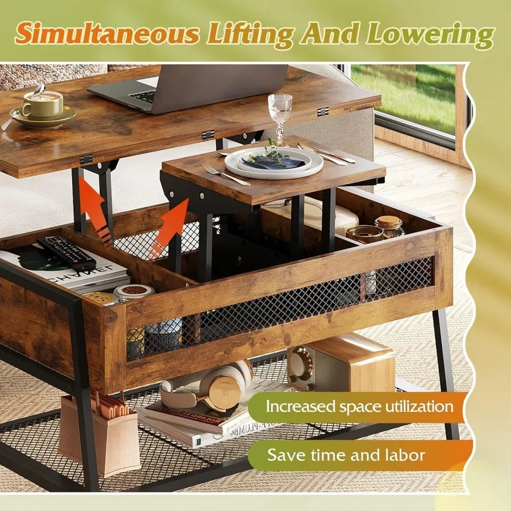 Rustic Brown 3-in-1 Lift Top Coffee Table Multi-Function Dining Table