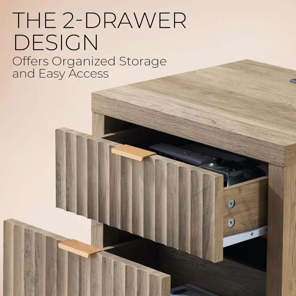 Nightstand Set of 2 Fluted Modern End Tables with Charging Station