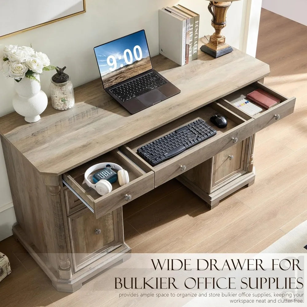 55 Inch Executive Desk with 7 Drawers and Built-In USB Outlet
