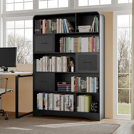 70 Inch Tall Bookshelf Modern 5 Tier Bookcase with Drawers and Bins