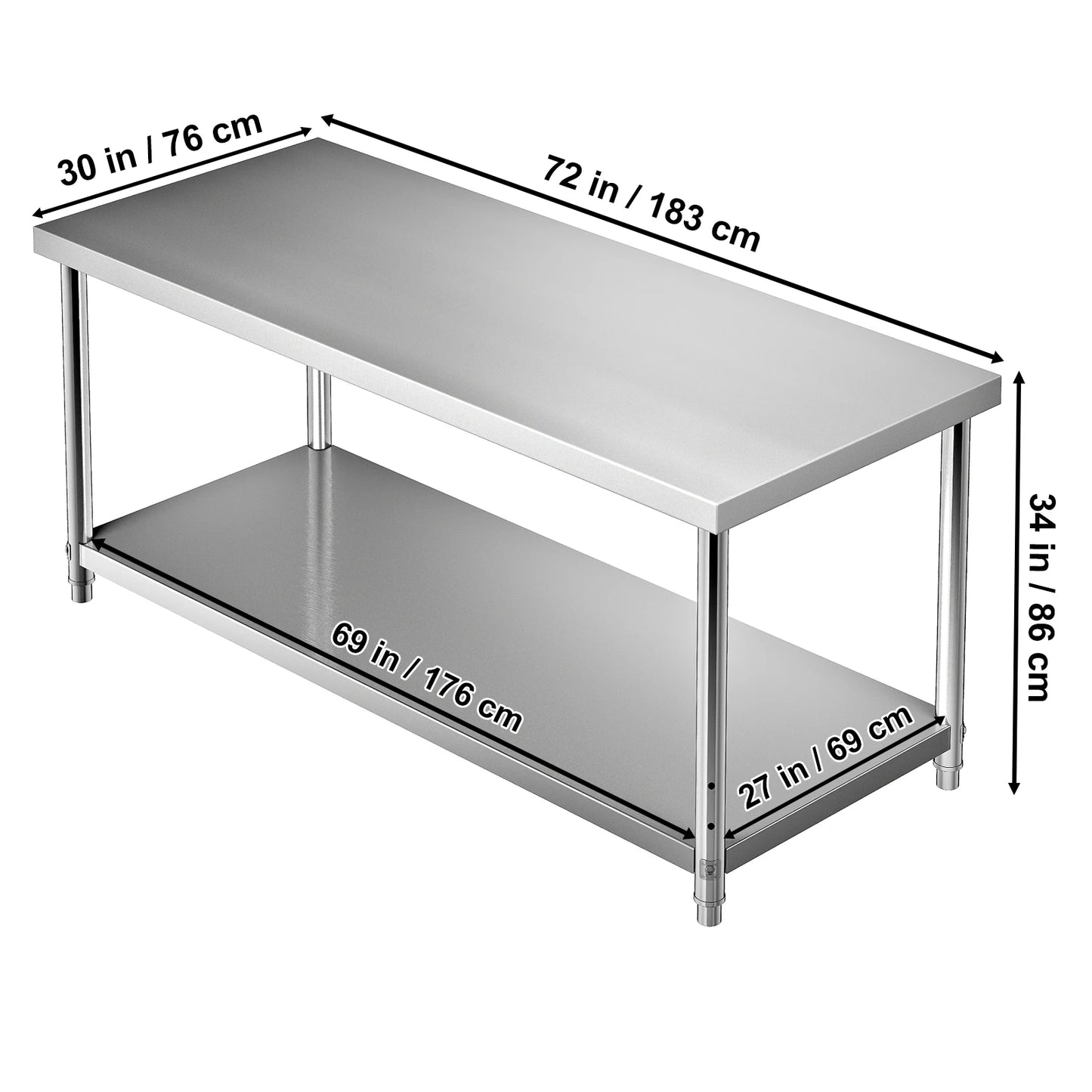 VEVOR Stainless Steel Prep Table Heavy Duty Adjustable Undershelf 550lbs