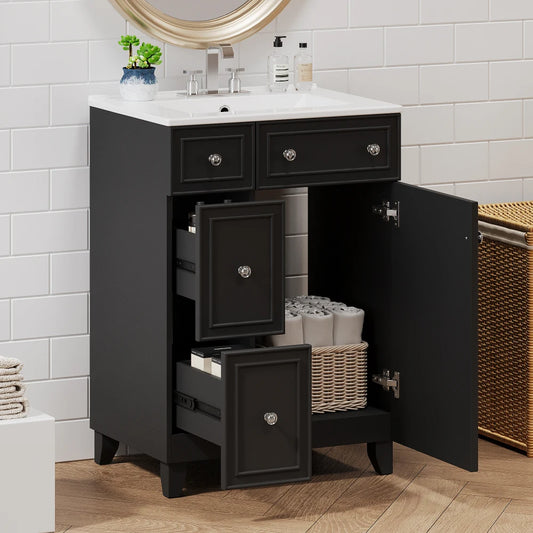 24 Inch Bathroom Vanity Cabinet Ceramic Sink 2 Drawers Storage