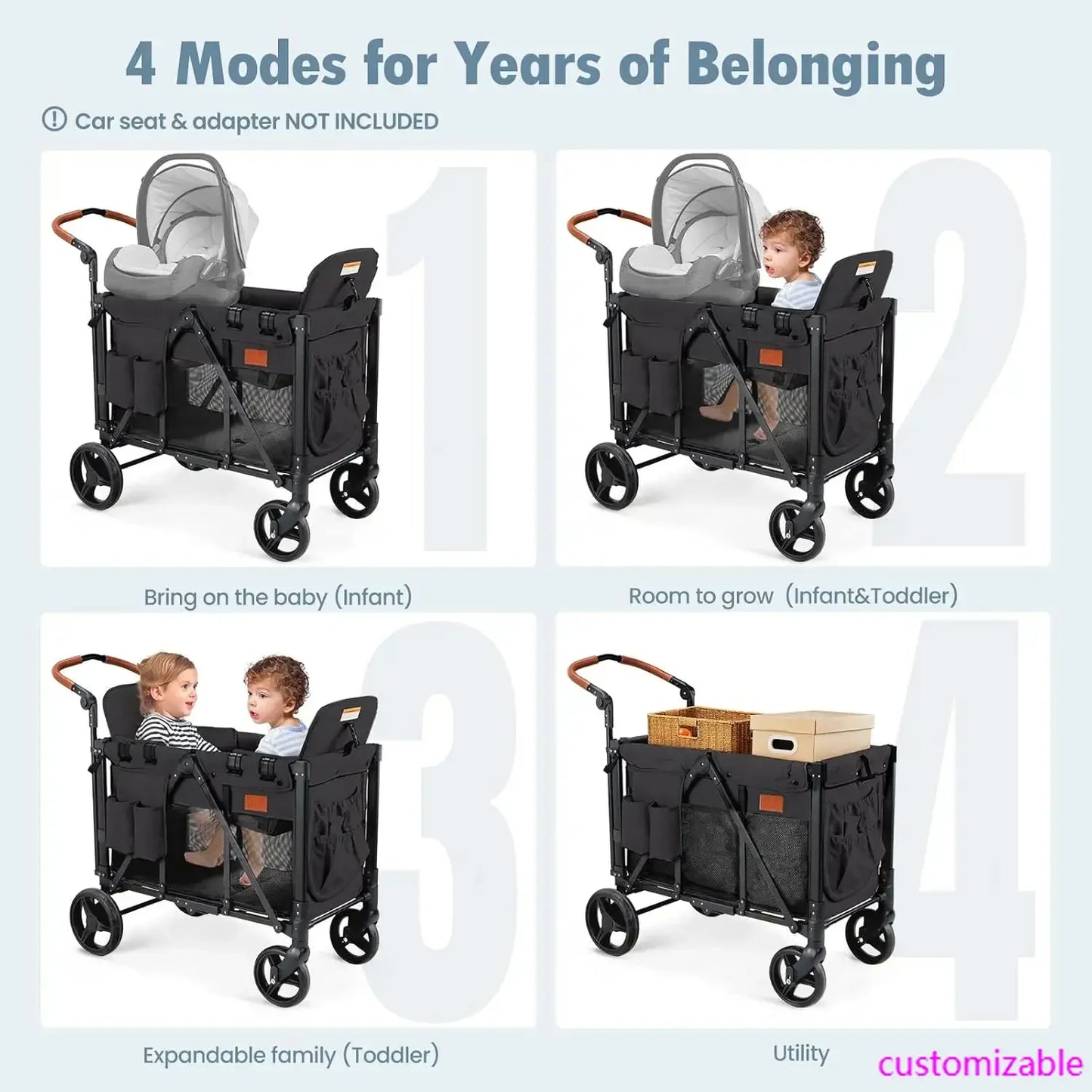 Wagon Stroller for 2 Kids Foldable All-Terrain with Canopy and Organizer