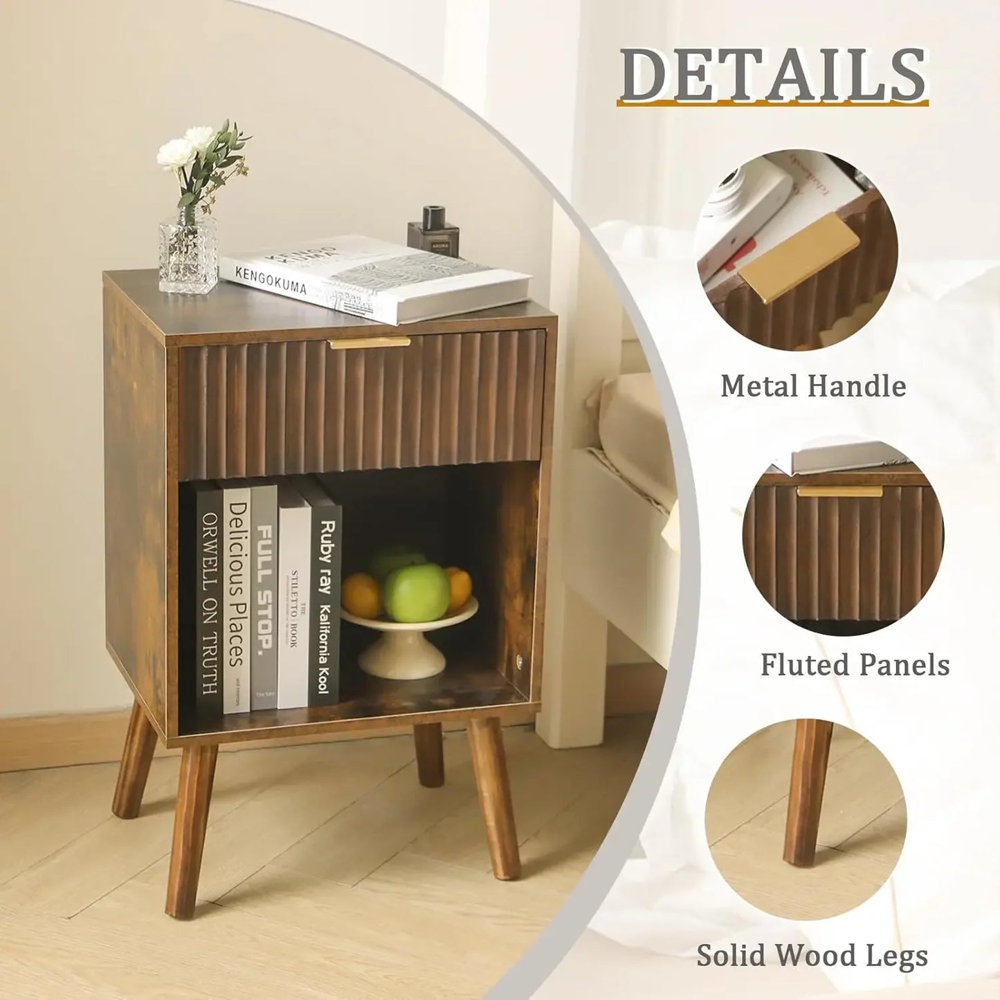 Modern Nightstand Wooden Bedside Table Storage Fluted End Table
