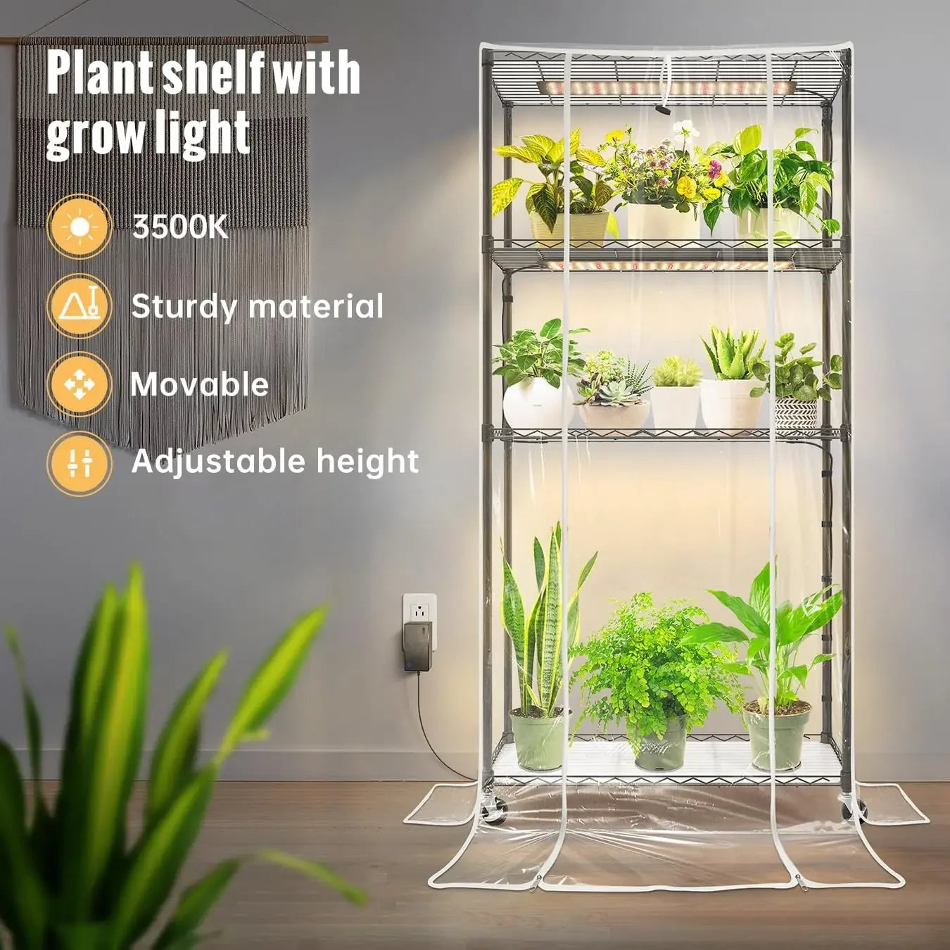 Indoor Greenhouse Plant Stand with Grow Light 4 Tier PVC Cover