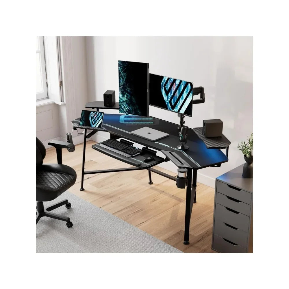 Gaming Desk with LED Lights 72 Inch Wing Shaped Computer Desk with Tray