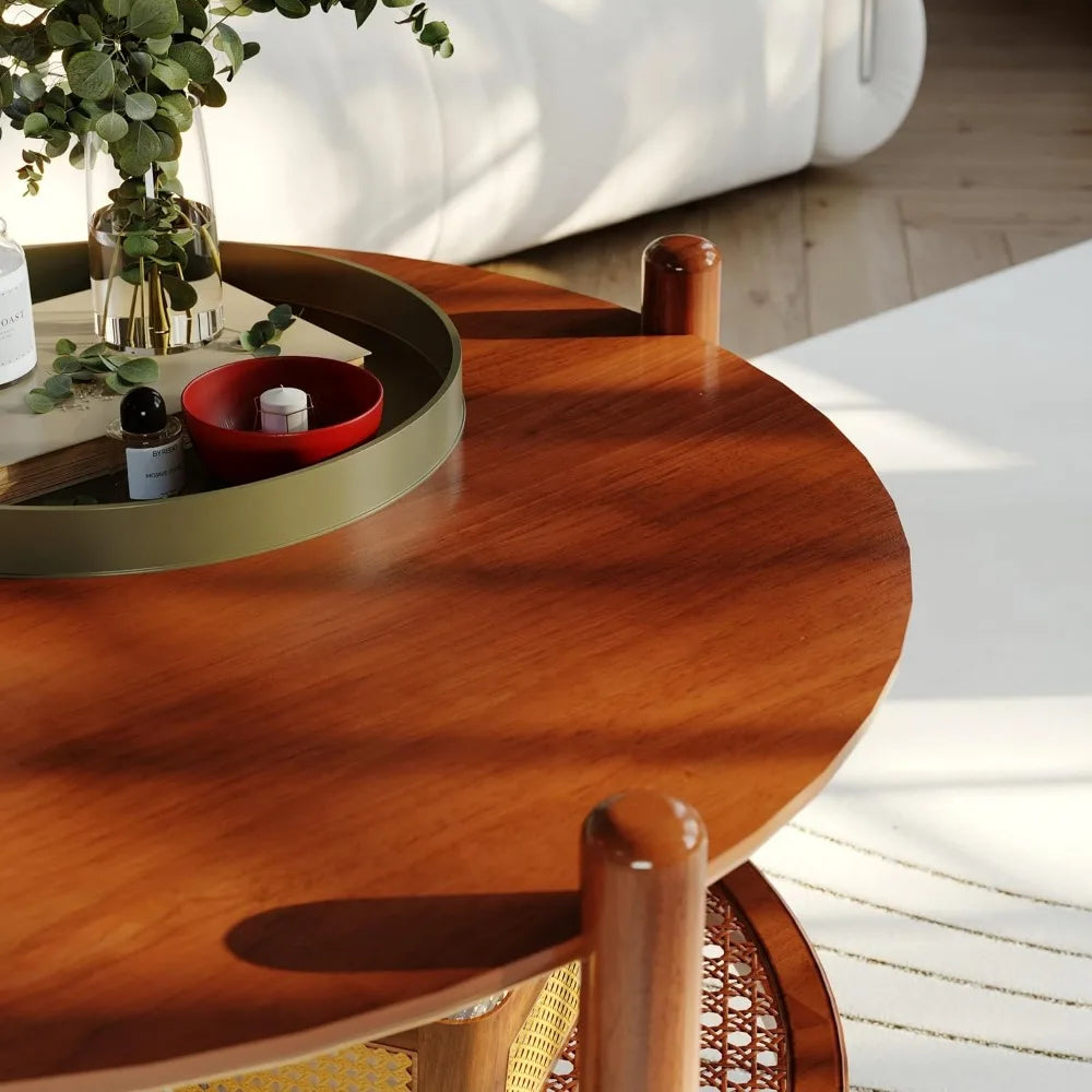32 Inch Round Coffee Table Rustic Wood 2-Tier Boho Woven Storage