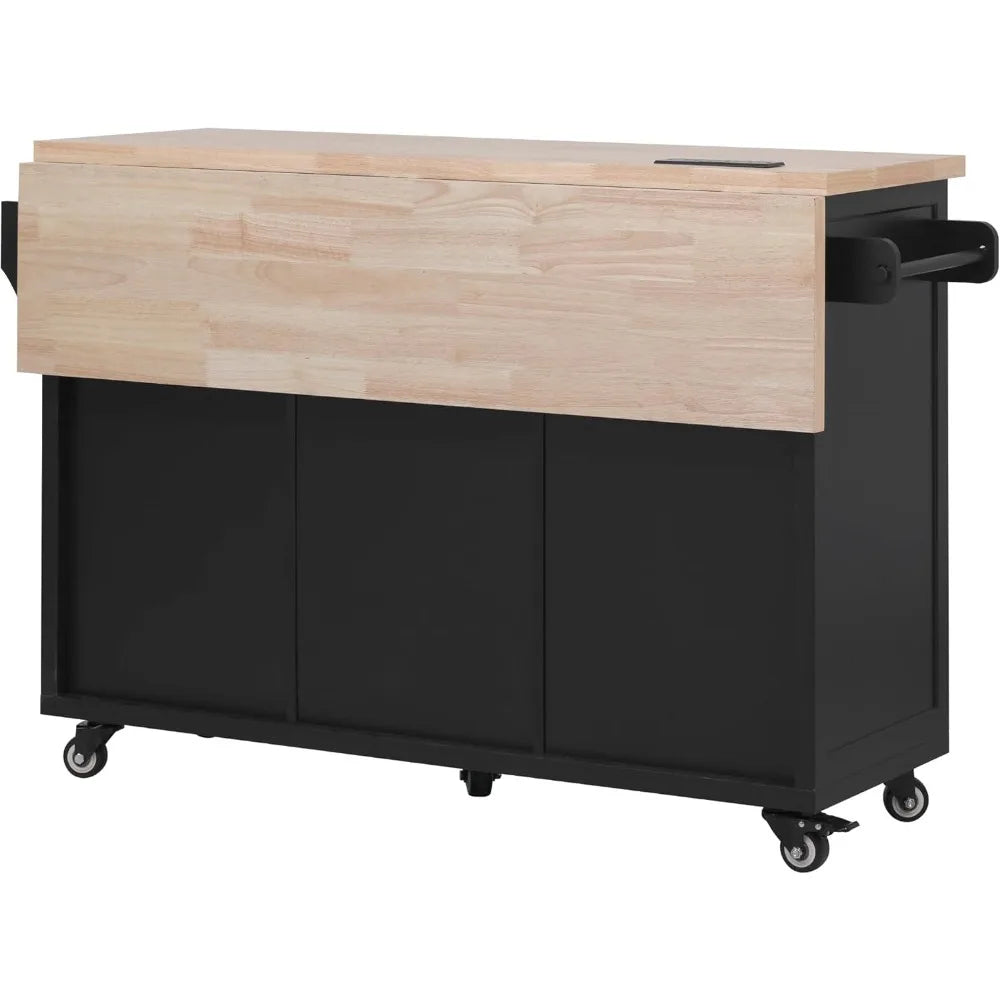 Kitchen Island with Drop Leaf Power Outlet Storage on Wheels