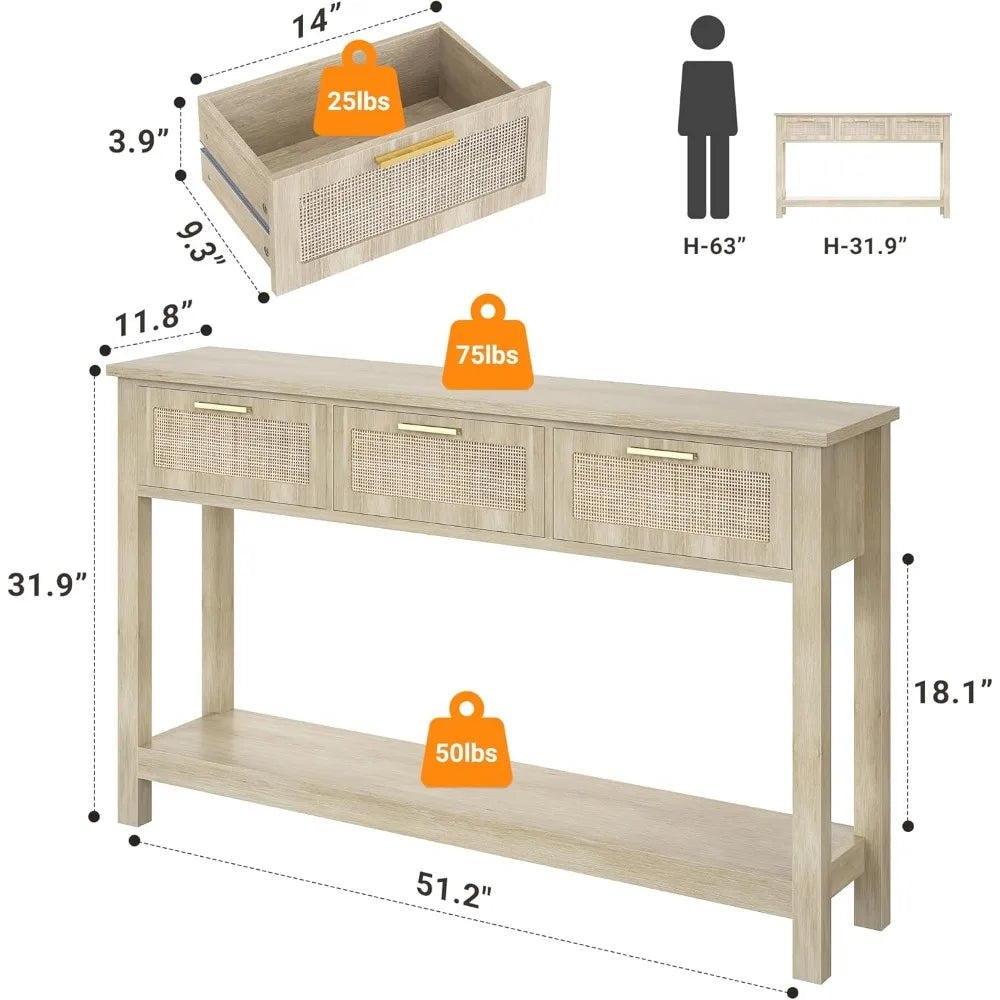 Ljustra 51.2" Rattan Console Table Narrow Entryway Sofa Table 3 Drawers