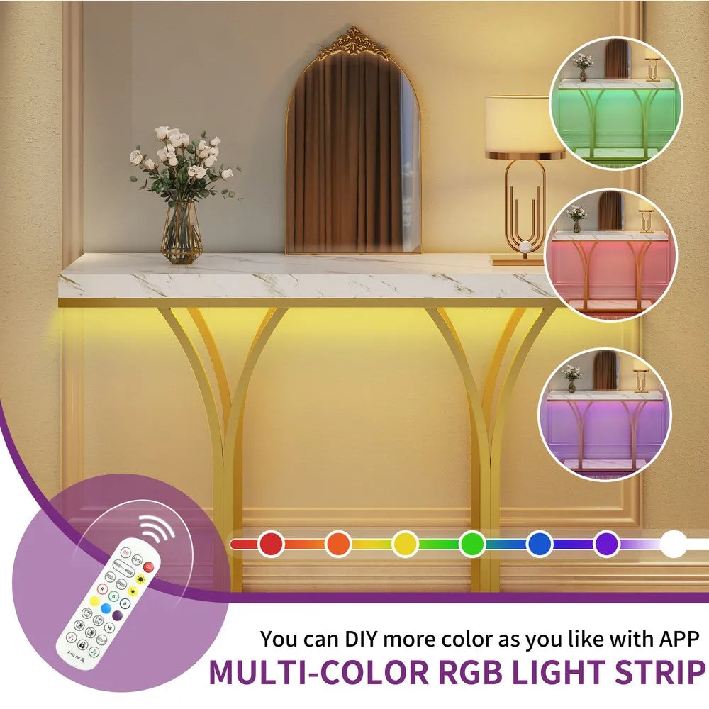 Gold Entryway Console Table with LED Lights Faux Marble Top 39 Inches