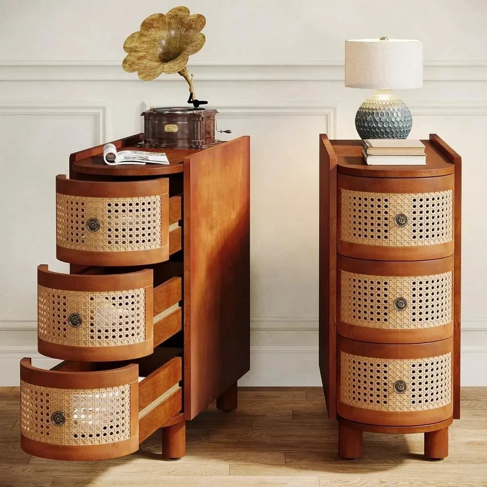 Solid Wood Rattan 3-Drawer End Table Nightstand for Living Room
