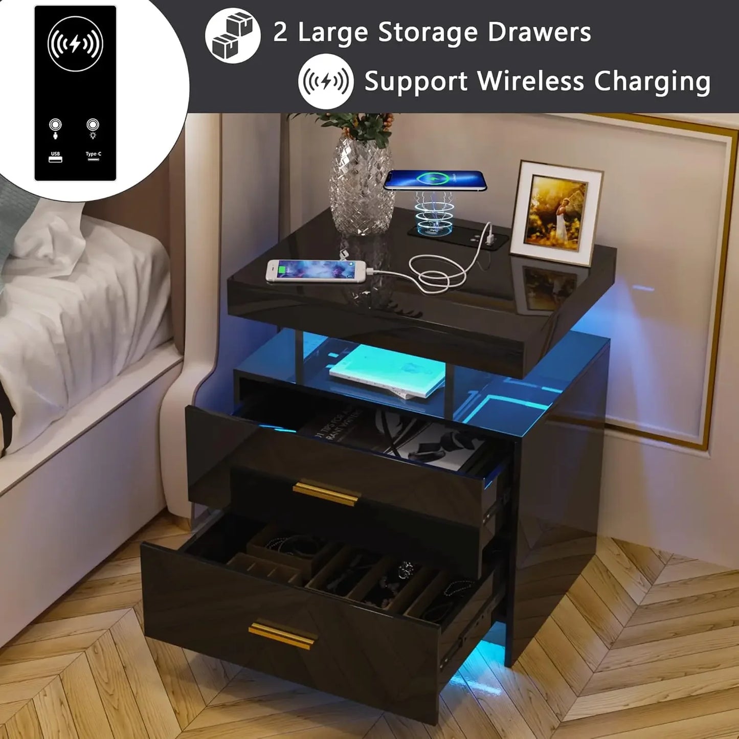 Auto LED Nightstand Wireless Charging USB Ports Floating Bedside Table