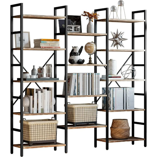 Triple Wide Industrial Bookshelf 5 Tiers Large Open Display Shelf