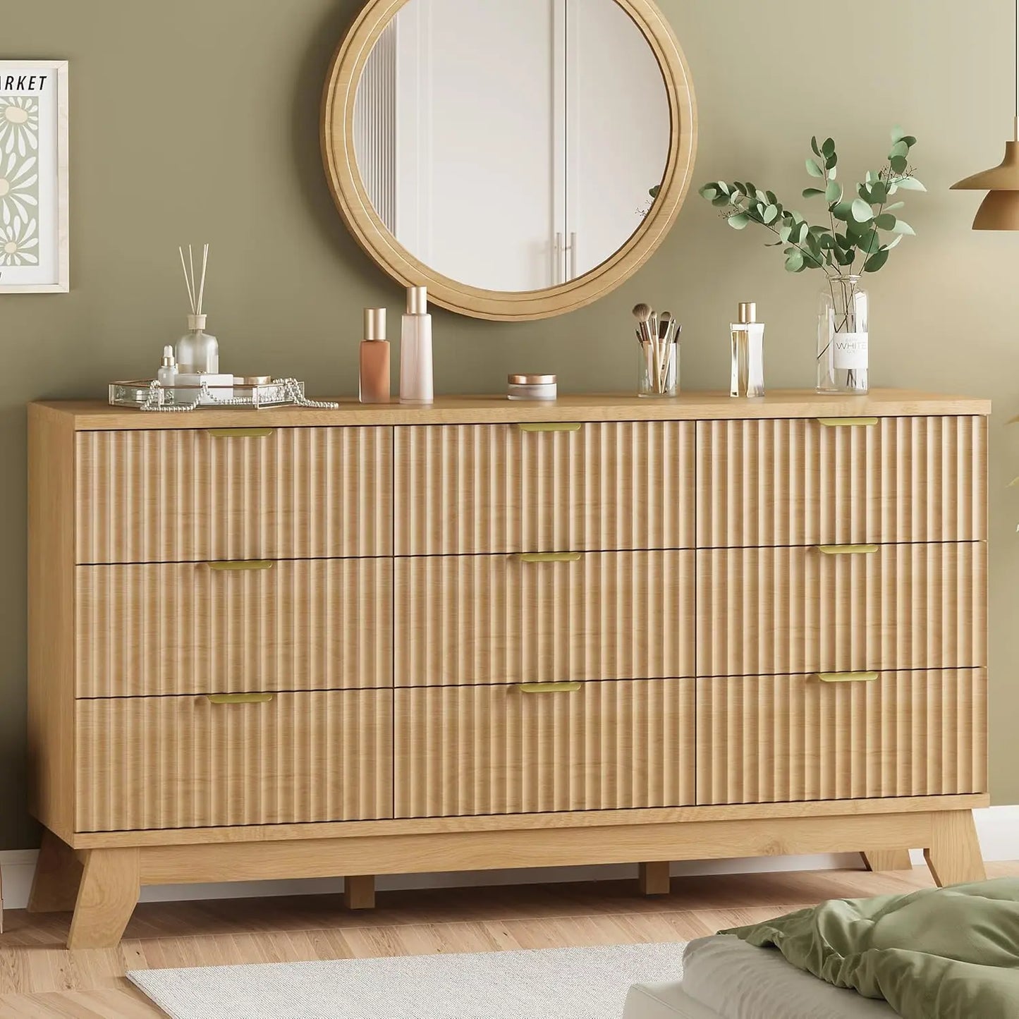 57 Inch Wide Fluted Dresser 9 Drawer Modern Chest of Drawers