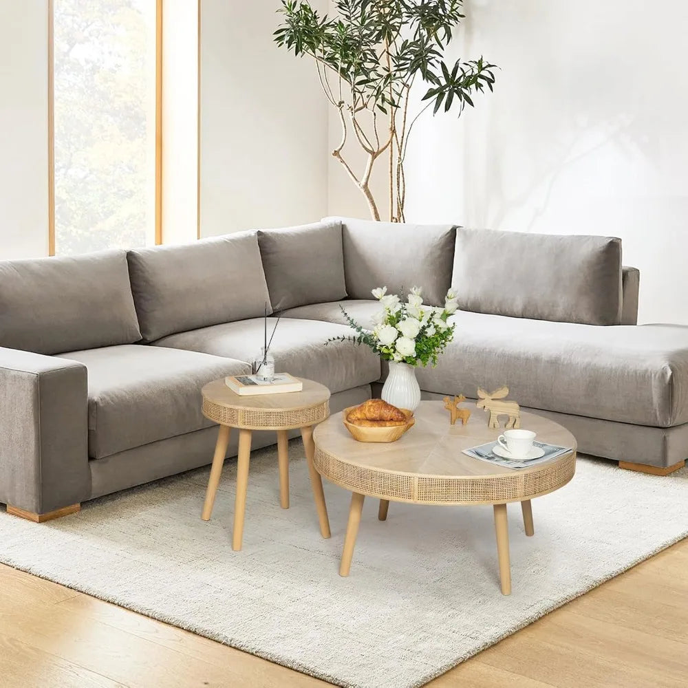 Farmhouse Round Coffee Table Rustic Nesting Table Set for Living Room