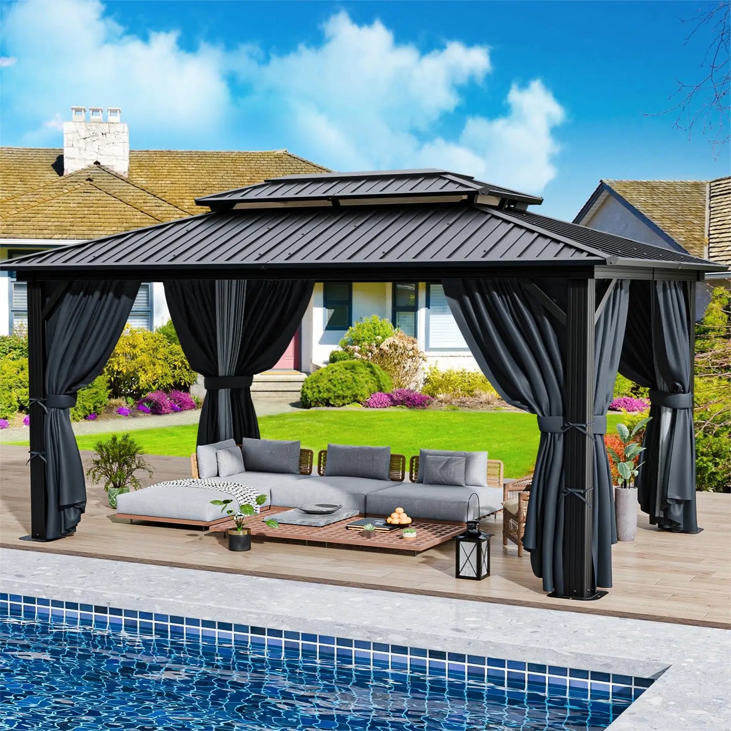 10x12ft Hardtop Gazebo Heavy Duty Aluminum Frame with Netting Curtains