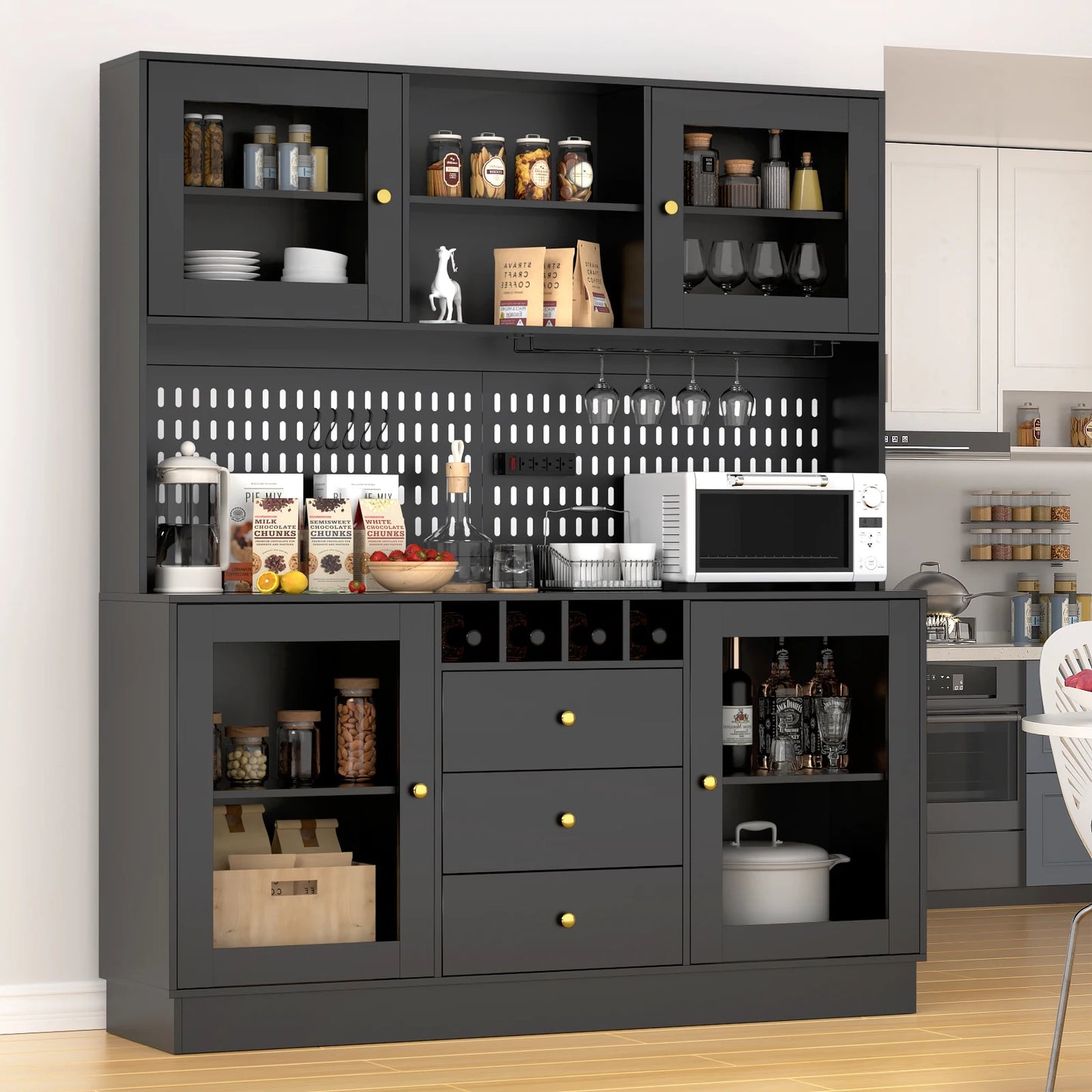 Pantry Cabinet Kitchen Storage Buffet Hutch with Pegboard Cup Holder