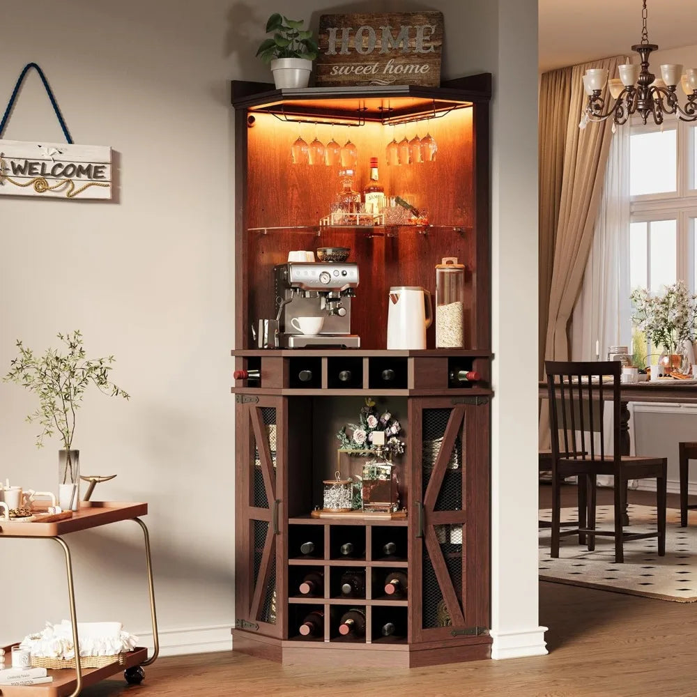 Tall Corner Bar Cabinet with LED Light Tempered Glass Rack Wine Storage