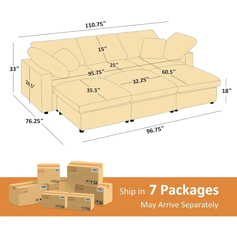 Ljustra 110" Large Modular Sofa Bed, Modern Sleeper Chaise, Corduroy Cloud Couch