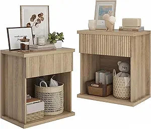 Fluted Nightstand Set of 2 Modern Wood Bedside Tables for Bedroom Storage