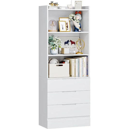 Tall Bookshelf with Drawers Open Shelves Modern White Bookcase