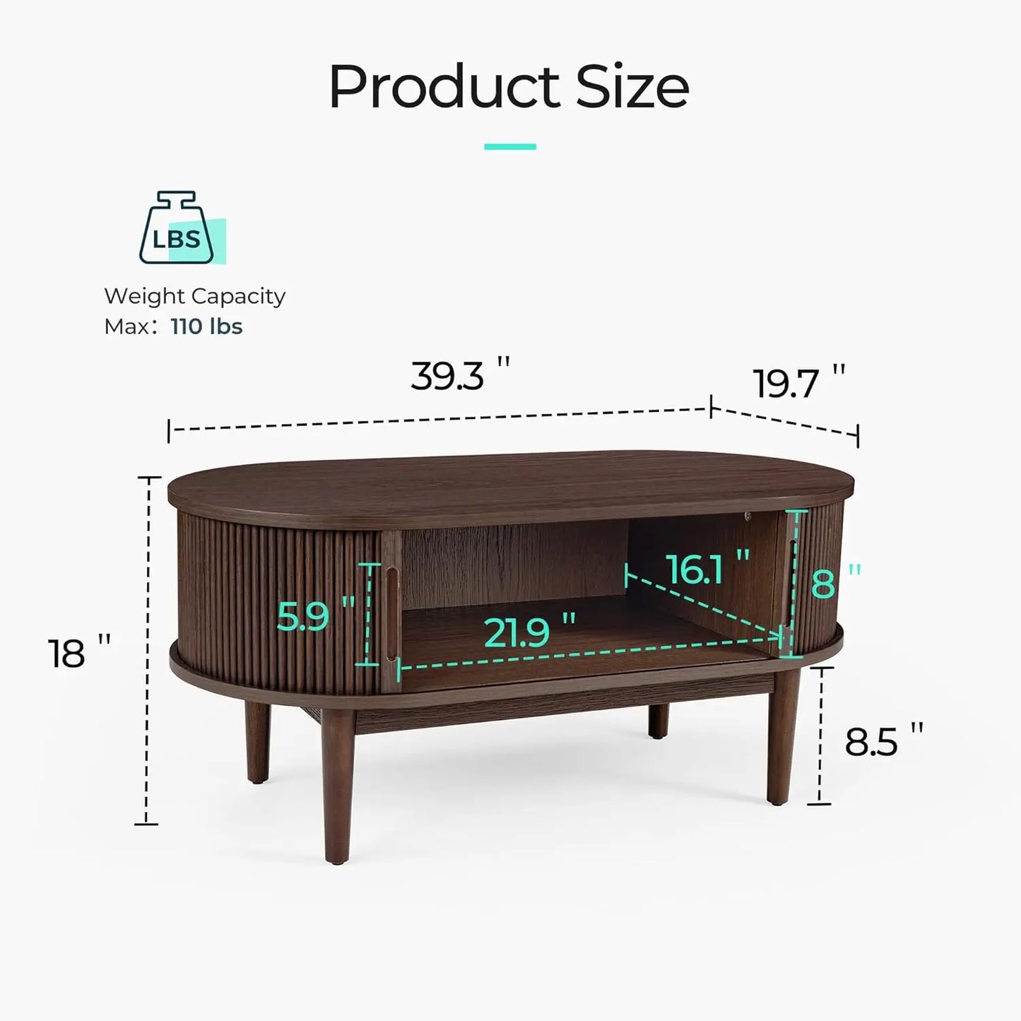 Mid Century Modern Coffee Table with Sliding Tambour Door Storage