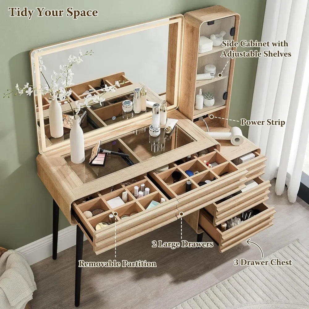 Fluted Makeup Vanity Desk with 35" Lighted Mirror and 5 Drawers
