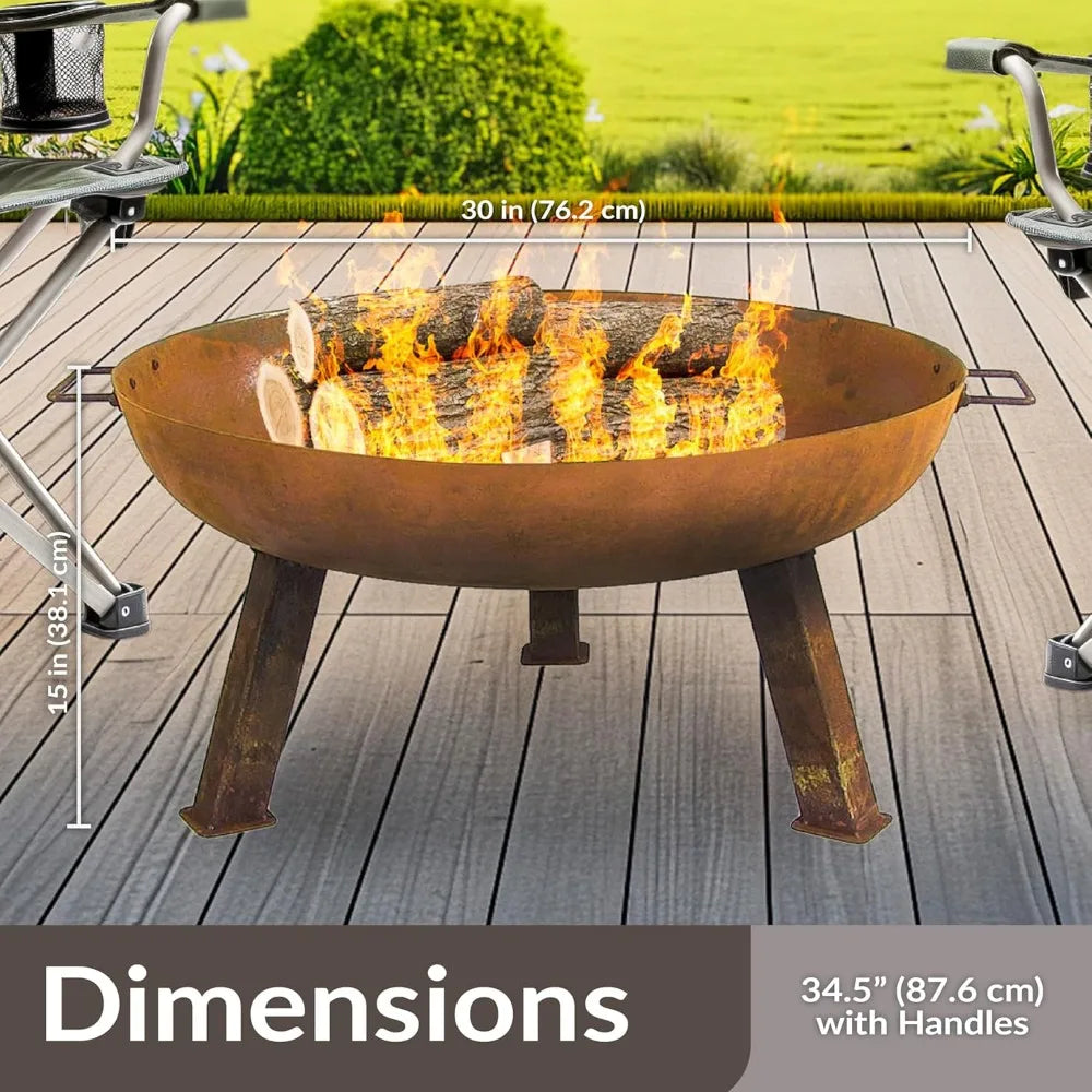 30Inch Heavy Duty Cast Iron Fire Pit Wood Burning Outdoor Bowl