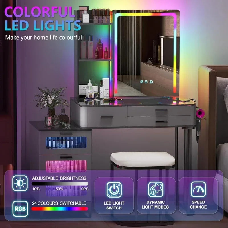 RGB Vanity Makeup Desk with 6 Drawers Smart Lighting and Charging Station