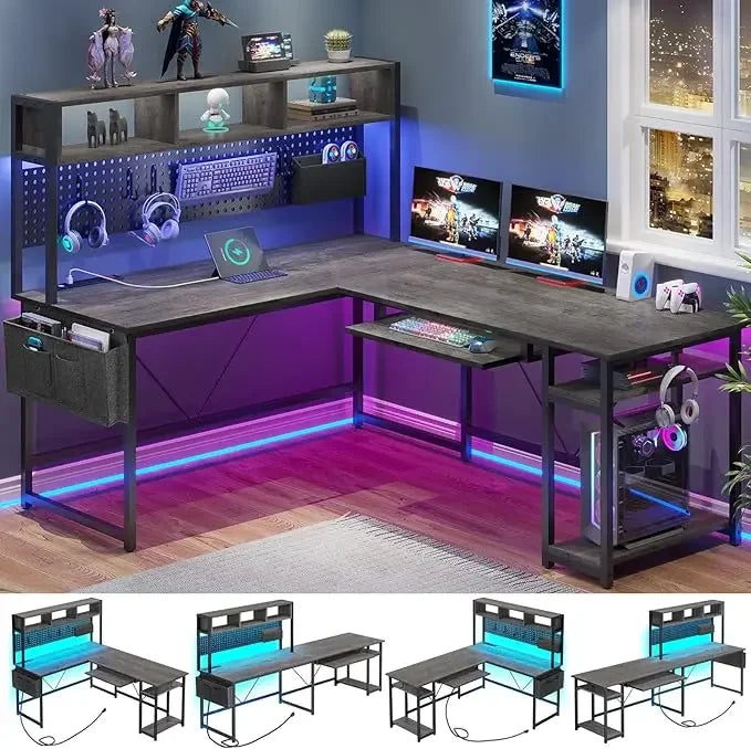 L Shaped Gaming Desk with USB Outlet LED Lights and Keyboard Tray