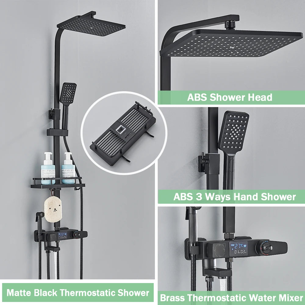 Black Digital Display Thermostatic Shower Faucet Rainfall Mixer Tap
