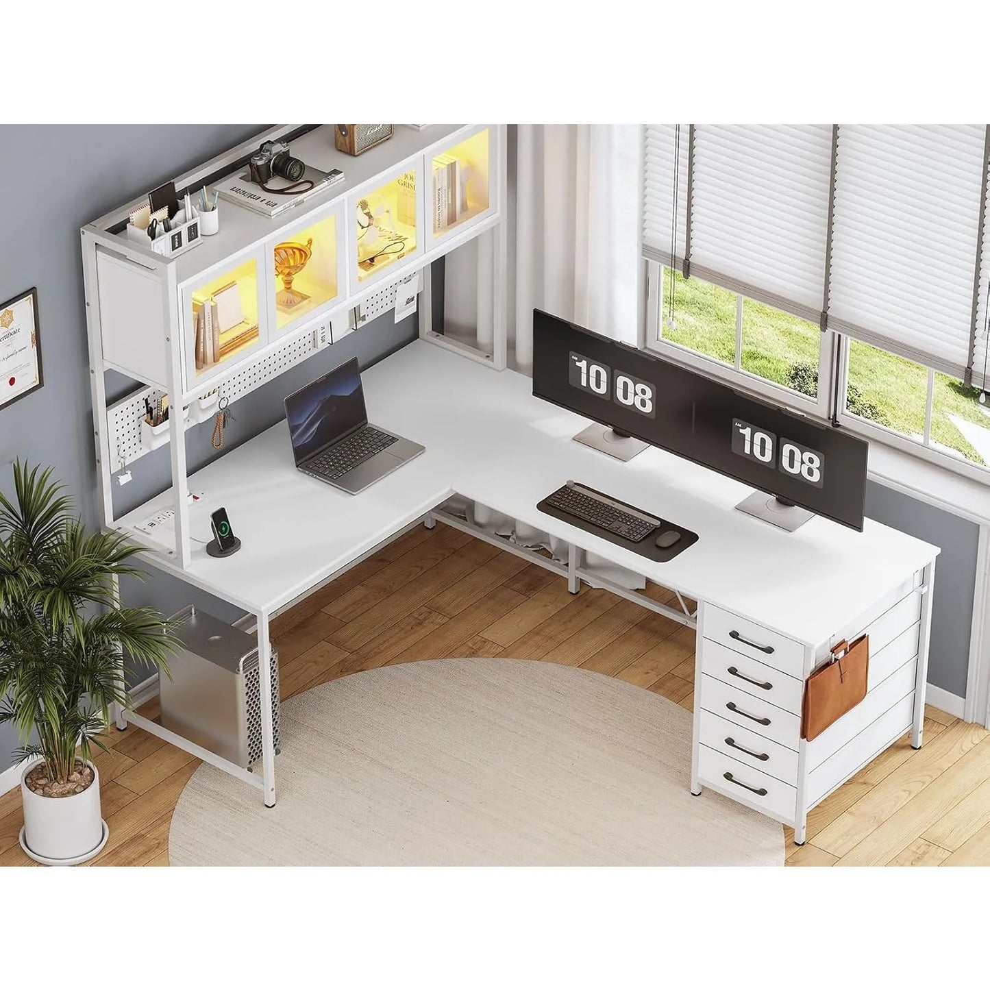 L Shaped Gaming Desk with Drawers Pegboard LED Lights Power Outlet