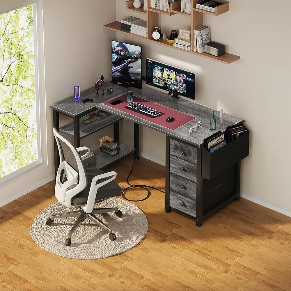 L Shaped Computer Desk with Drawers and Power Outlet for Home Office