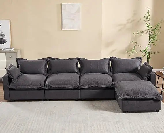 Ljustra 126" Modular Sectional Sofa with Moveable Ottoman Deep Seat Linen Couch