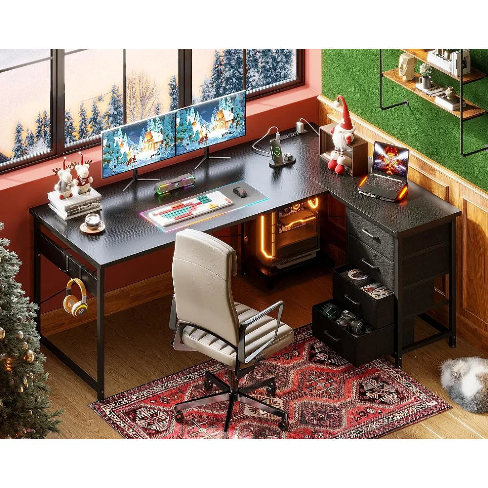 L Shaped Gaming Desk with Power Outlets and 4 Drawers for Home Office