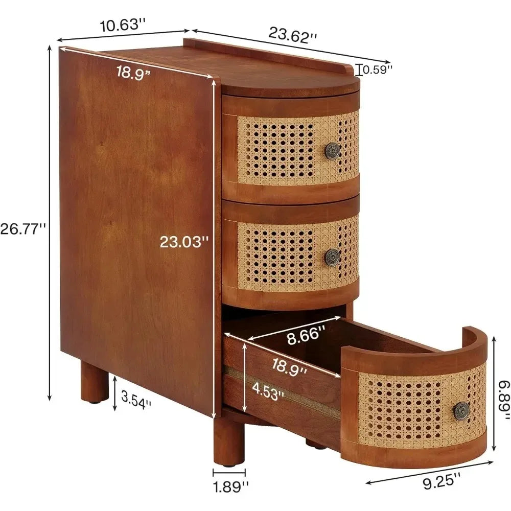Solid Wood Rattan 3-Drawer End Table Nightstand for Living Room