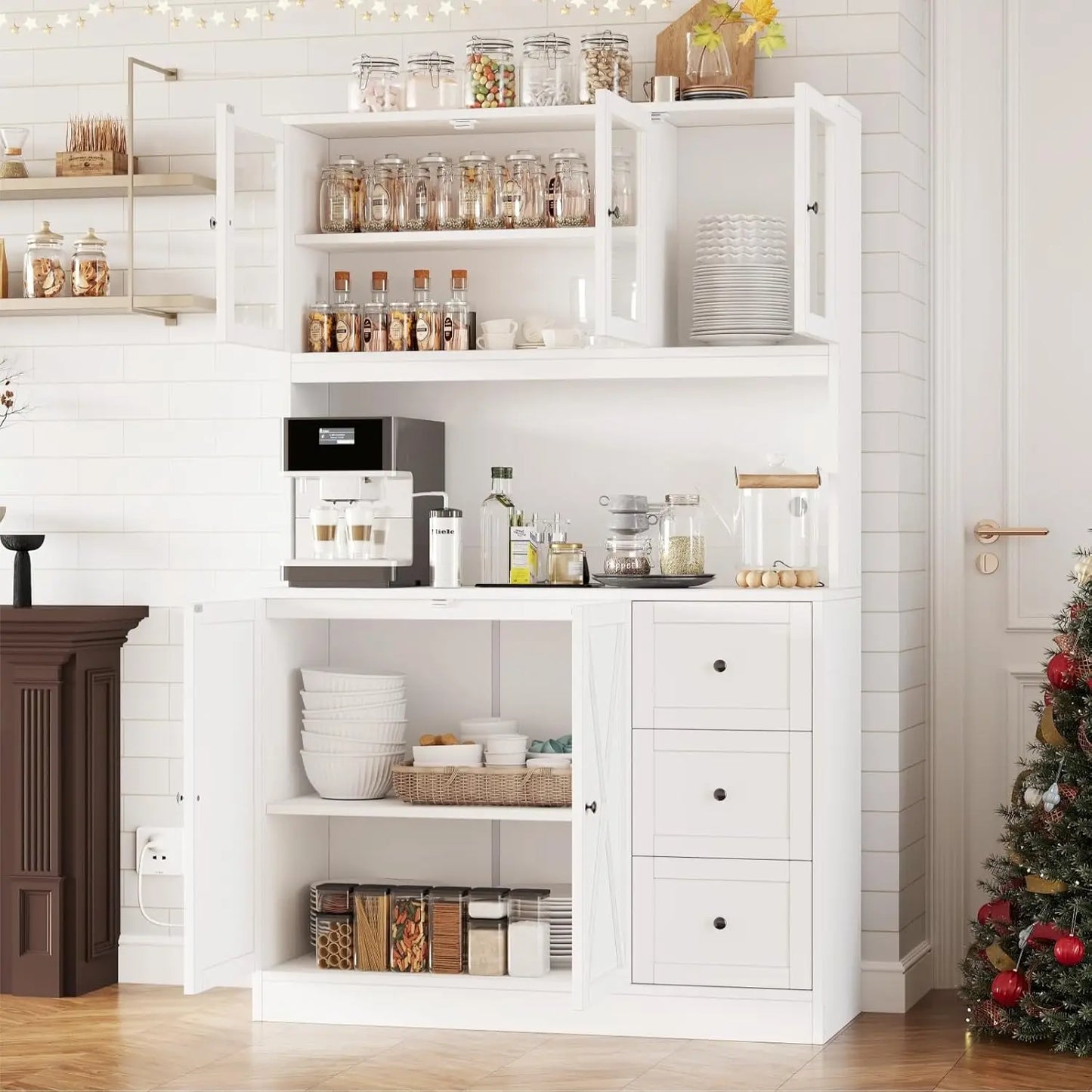 Kitchen Pantry Hutch with Microwave Stand Boho Storage Cabinet