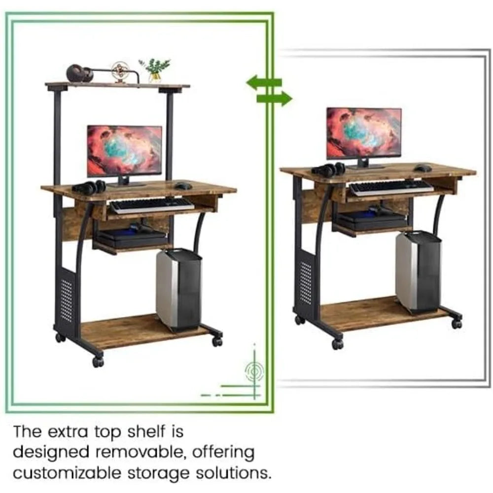 3-Tier Rolling Computer Desk Mobile Office Desk for Small Spaces