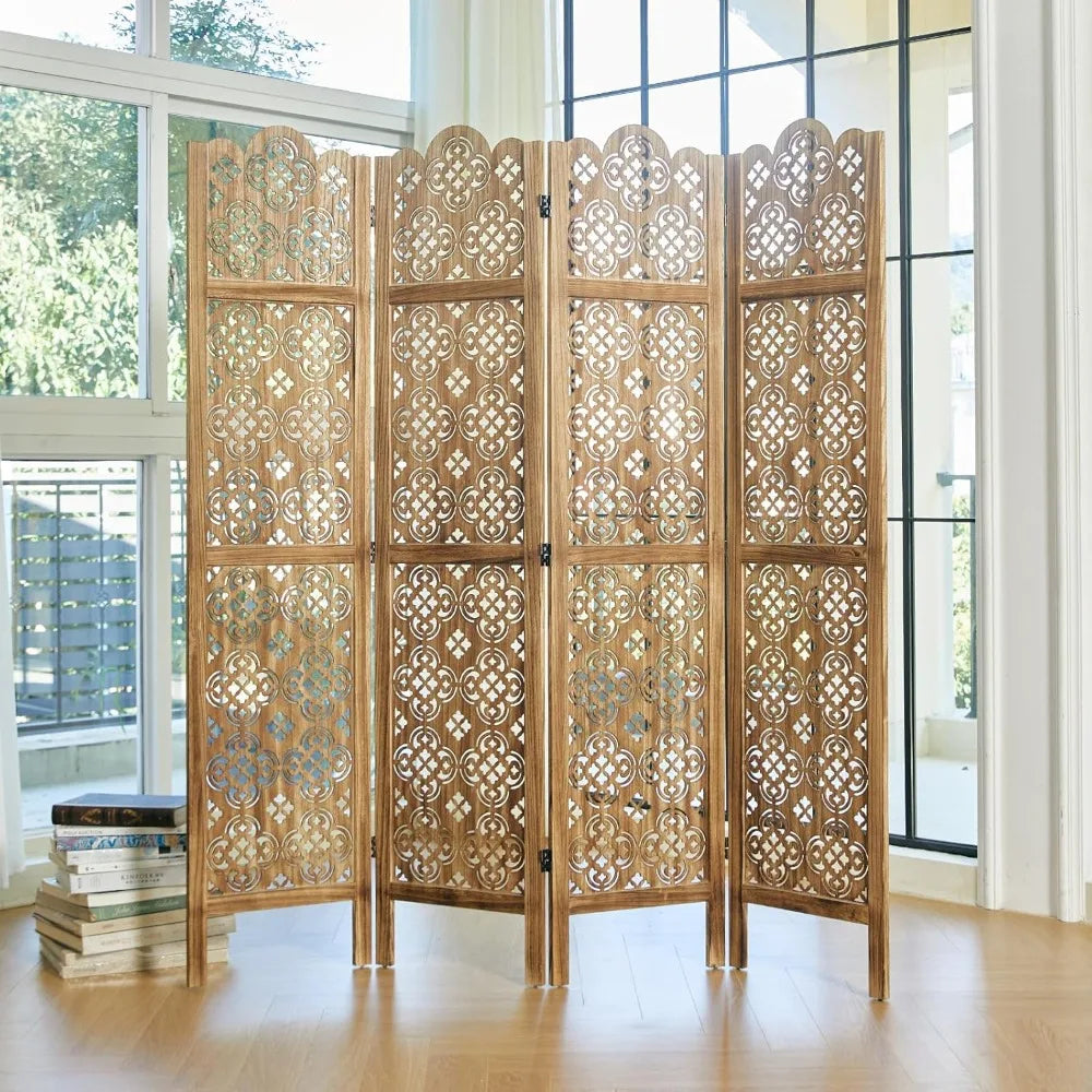 Ljustra 68.9 Inch Folding Room Divider 4 Panels Wood Carved Privacy Screen