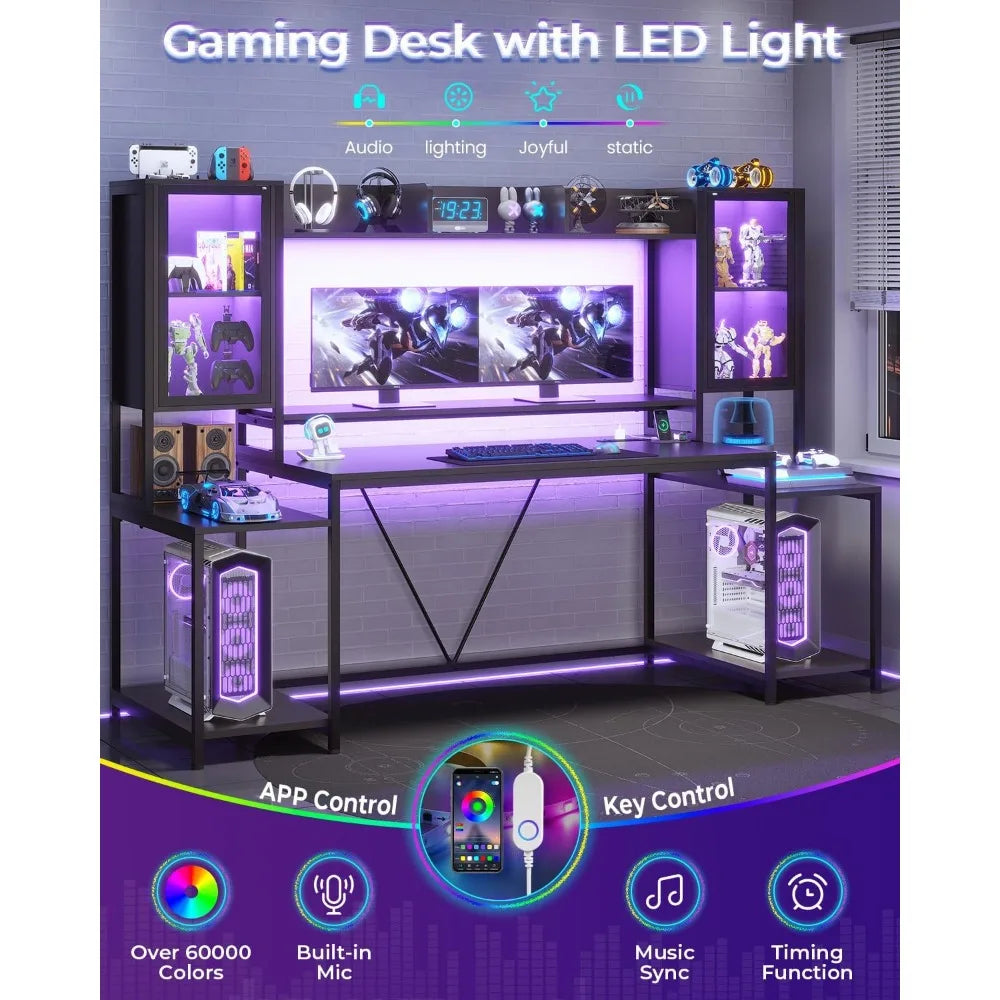 Gaming Desk with LED Lights and Storage Shelves for PC Gamers